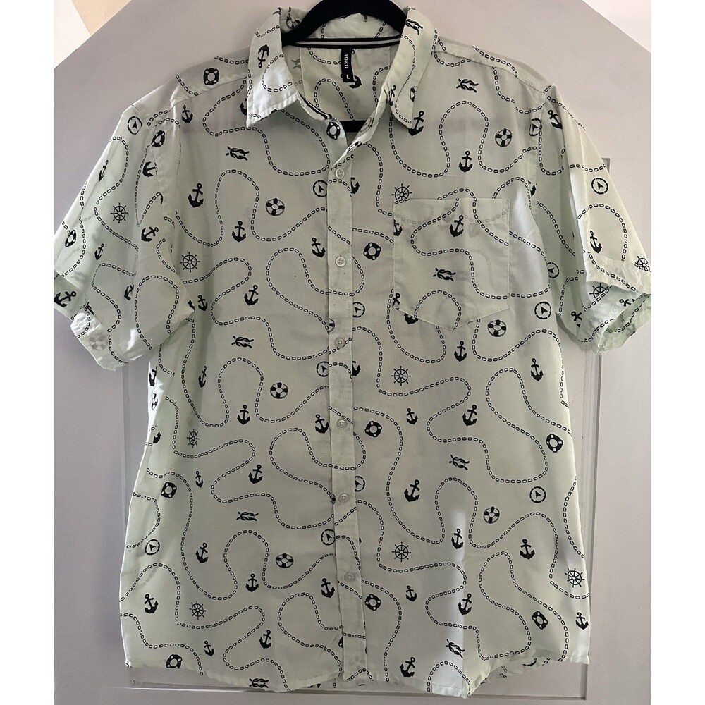 Toku Men’s Button Down Shirt Mint Green Nautical Sail Boat Short Sleeve Size L